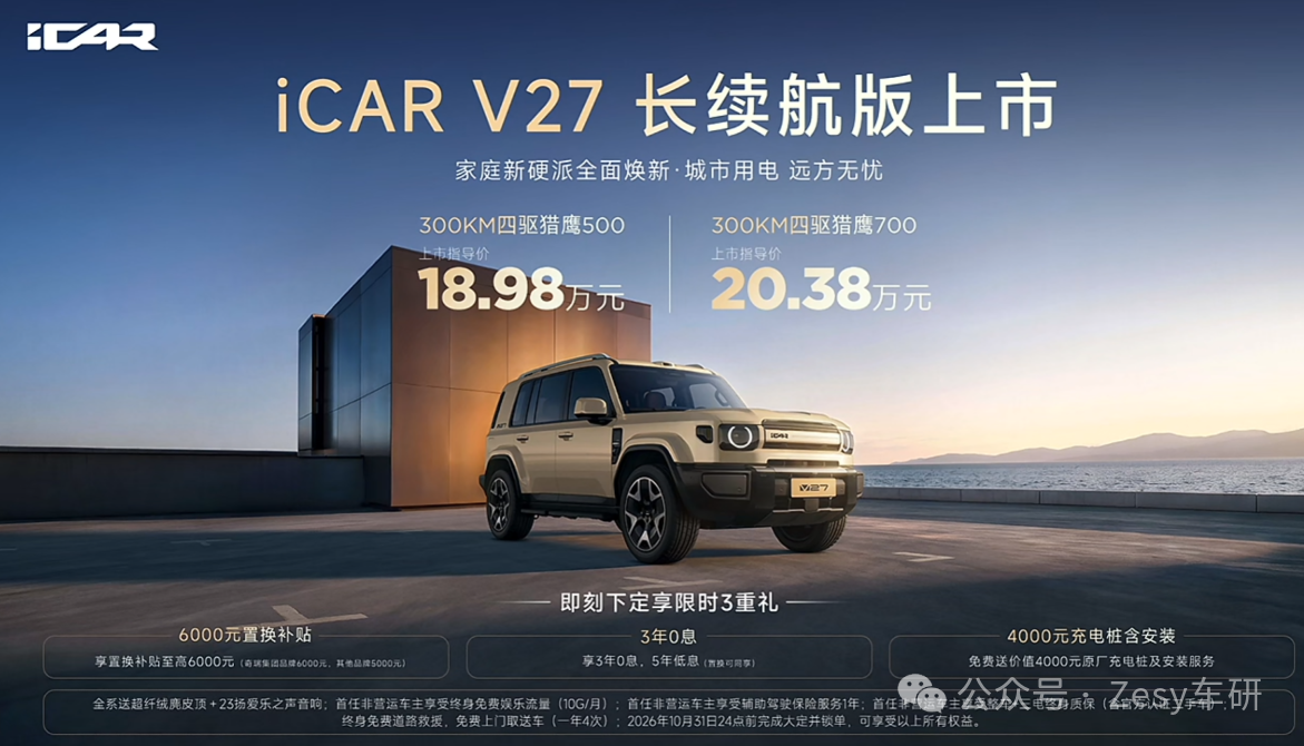奇瑞iCAR V27长续航版上市 纯电续航300km