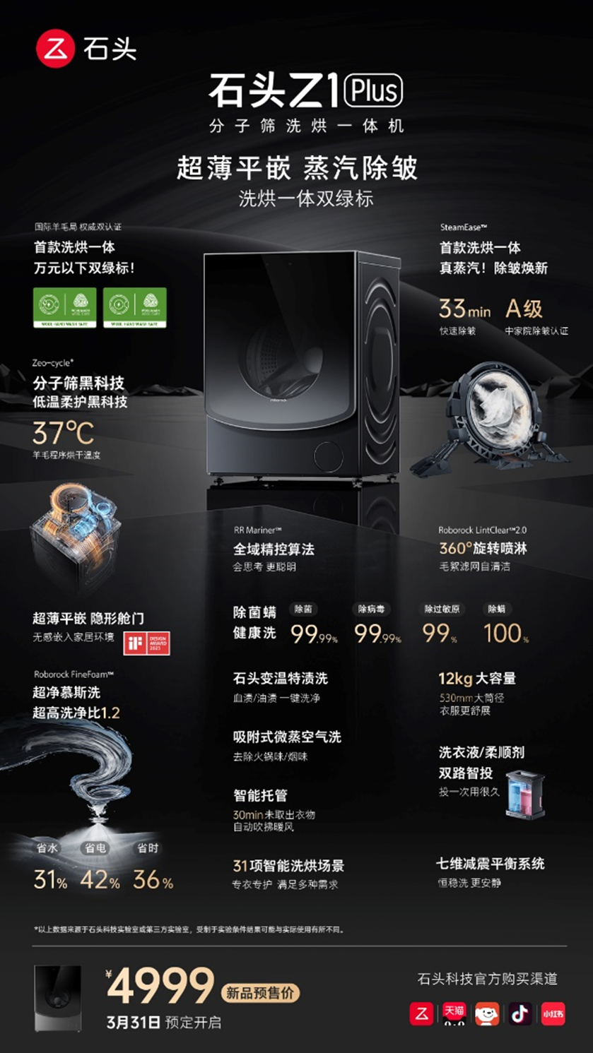 万元以下双绿标认证！石头Z1 Plus终结洗烘一体机日常洗烘痛点，618到手只需3999元